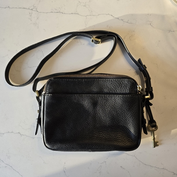 Fossil Black Pebbled Leather Crossbody Bag • Double Zip Camera Style • Gold Hard - Picture 3 of 10